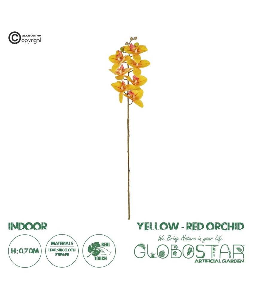 GloboStar® Artificial Garden YELLOW RED ORCHID BRANCH 21410 Τεχνητό Διακοσμητικό Κλαδί Κίτρινη Ορχιδέα Y70cm